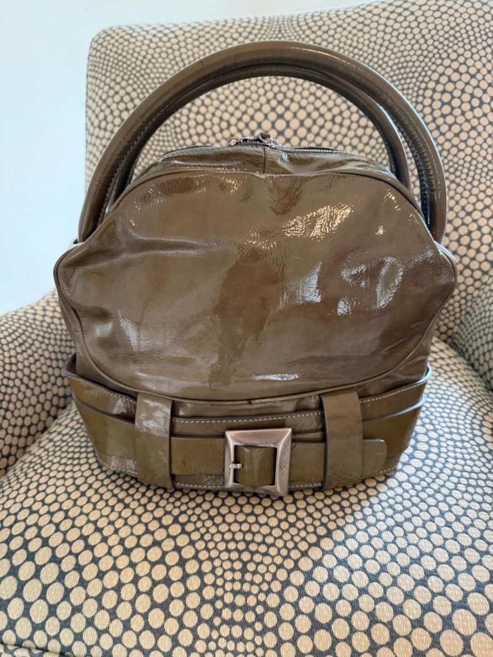 Francesco Biasia Olive Patent Leather Top-Handle Tote with Buckle Detail